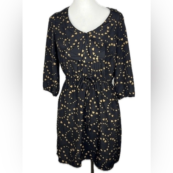 BeBop Black Tan Hearts Mini Dress Sz L Pockets Whimsigoth Cute Retro Twee - Picture 1 of 9